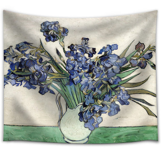 Van Gogh Irises print tapestry featuring a vase of vibrant blue irises against a light background with a green table.