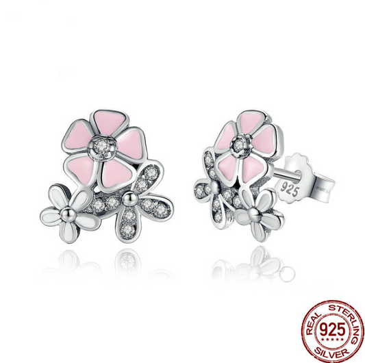 Aretes Florales de Cerezo y Margarita en Plata de Ley 925
