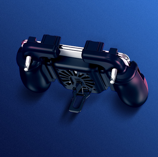 Dark blue smartphone game controller with integrated cooling fan and silver trigger buttons for mobile gaming. - Image 5