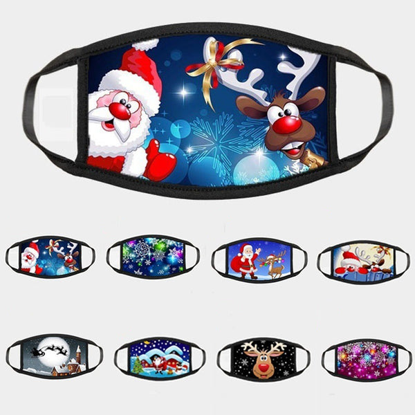Black face mask with a cartoon print of Santa Claus ice skating with snowmen and Christmas trees.