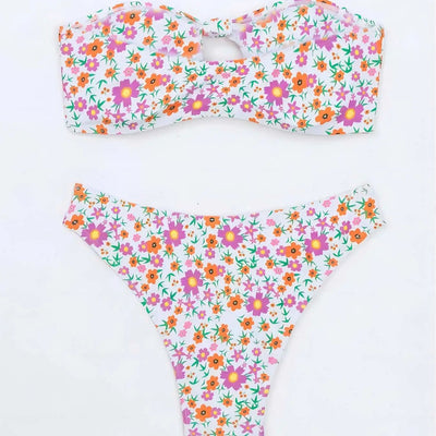 White floral print bandeau bikini with pink and blue flowers, featuring a front knot top and high-cut bottom. - Image 5