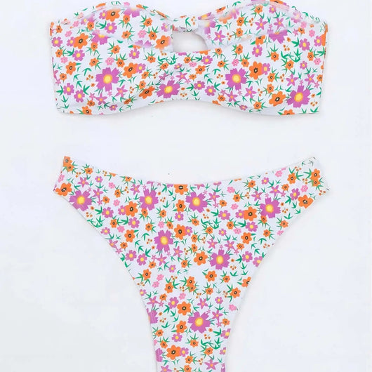 White floral print bandeau bikini with pink and blue flowers, featuring a front knot top and high-cut bottom. - Image 5