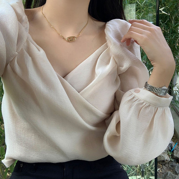 Blusa Elegante de Estilo Francés con Mangas Abullonadas