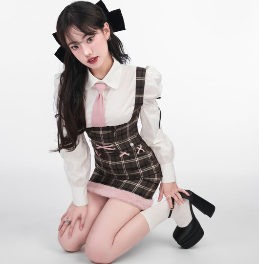 Vestido Cuadros con Mangas Abullonadas Estilo Atrevido