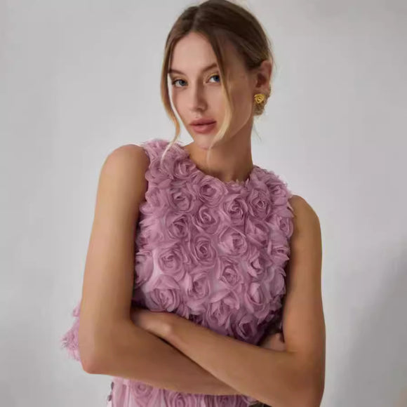 Blusa Suelta sin Mangas con Rosas Tridimensionales