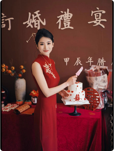Vestido Largo Cheongsam Rojo Bordado Elegante de Bambú - Image 10