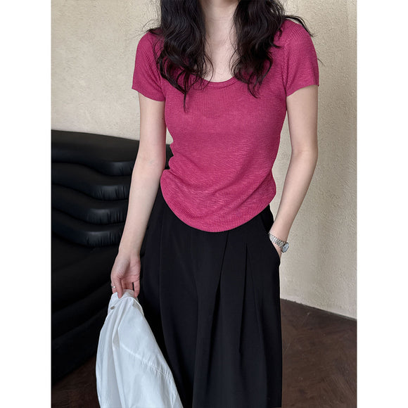Camiseta Ajustada de Verano para Mujer - Cuello Redondo, Manga Corta y Cintura Definida