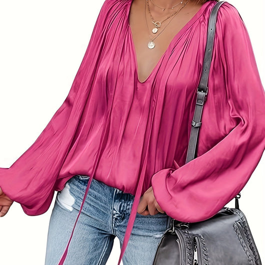 Blusa de Satén con Cuello en V y Mangas Largas para Mujer - Image 9