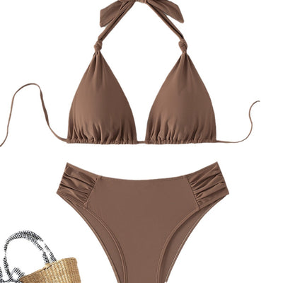 Solid olive green triangle halter bikini swimsuit for women, featuring a high-waisted bottom with ruched sides. - Image 7