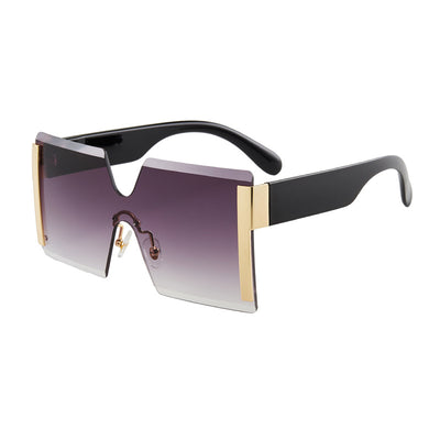 Frameless sunglasses with pink gradient lenses, black temples, and gold-tone accents on a white background. - Image 3