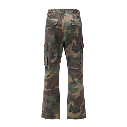Pantalones Cargo Camuflaje Desgastado con Múltiples Bolsillos y Costuras de Trabajo - Image 9