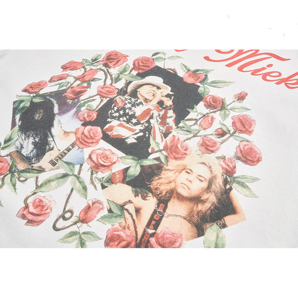 Camiseta Hip Hop Retro Americana con Bordado de Rosa