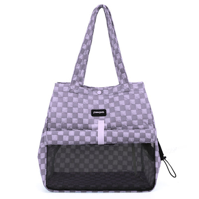 Blue and gray checkered soft pet carrier bag with mesh window and side opening for small cats or dogs. - Image 5
