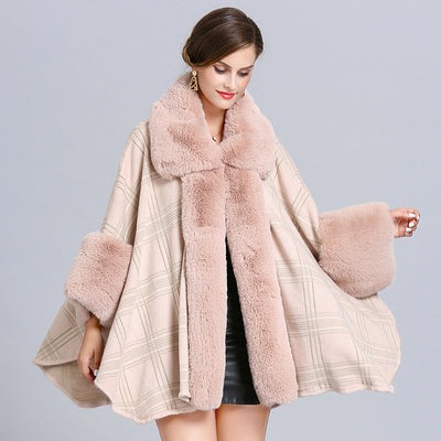 Poncho Cuadriculado para Mujer con Cuello de Pelaje Sintético Zorro - Abrigo Invierno - Image 2