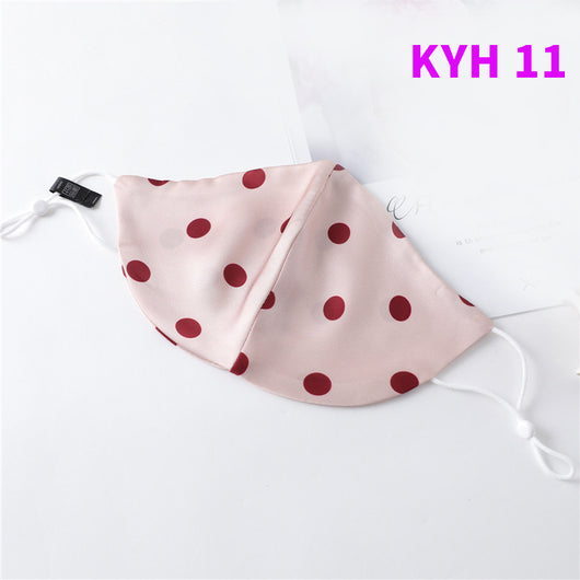 White silk face mask with light blue floral pattern and adjustable ear loops for women's sun protection. - Image 46