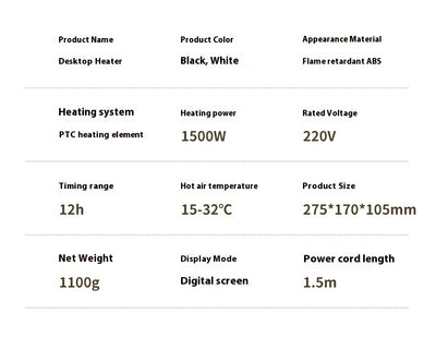 Calefactor de Aire Caliente con Pantalla Táctil Digital para Escritorio y Oficina - Image 13