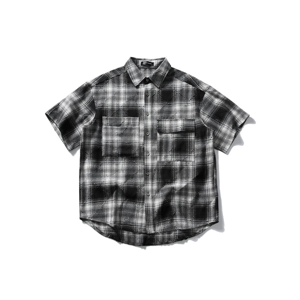 Camisa Cuadrillé Retro Japonesa de Manga Corta Estilo Vintage