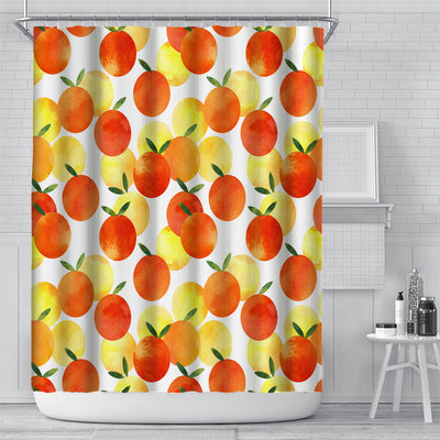Shower curtain with a vibrant digital print of orange berries and green leaves on a light blue background, in a modern bathroom. - Image 10