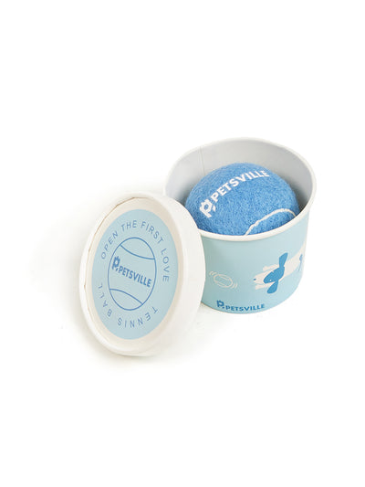 Beige Petsville tennis ball for dogs in a light yellow cylindrical container with a playful dog illustration. - Image 7