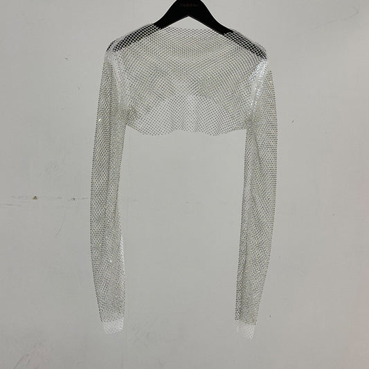 Blusa Brillante de Manga Larga con Cristales de Rhinestone Completos