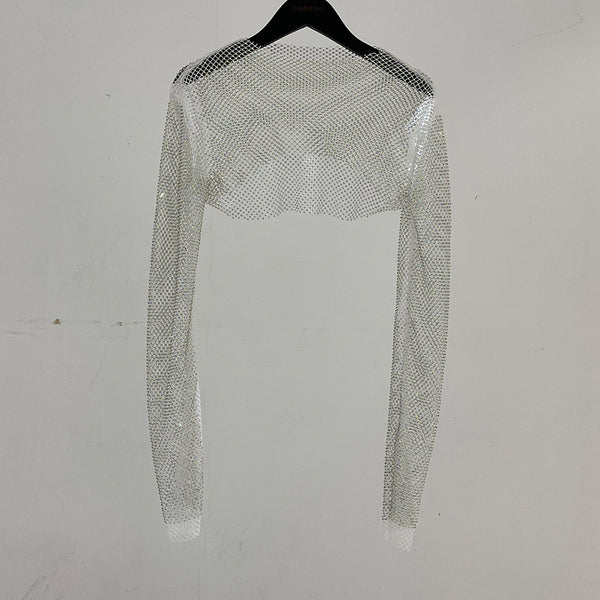 Blusa Brillante de Manga Larga con Cristales de Rhinestone Completos