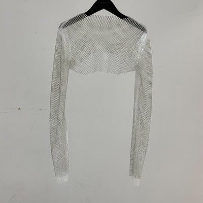 Blusa Brillante de Manga Larga con Cristales de Rhinestone Completos