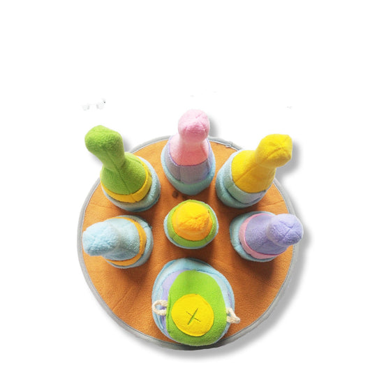 Colorful plush bowling set for pets with six pins and one ball on an orange mat, designed as an olfactory puzzle toy. - Image 10