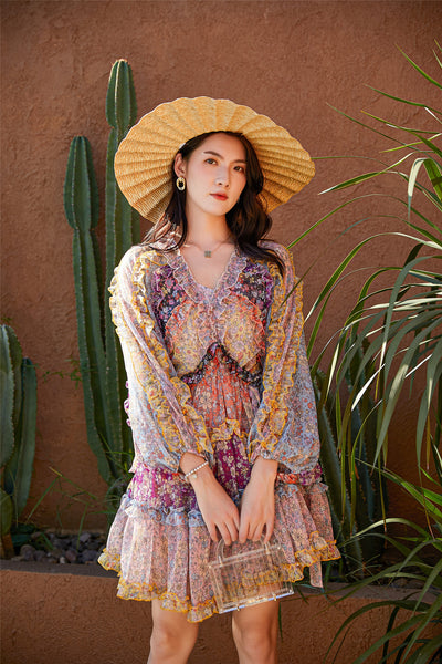 Vestido Largo Floral con Cintura Ajustada y Mangas Farol - Image 8