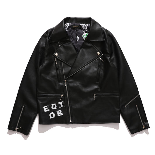 Chaqueta de Cuero para Hombre con Estampado de Letras y Cierre - Image 7