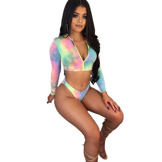 Women's tie-dye long-sleeve crop top swimsuit with high-cut bikini bottoms, featuring a colorful print. - Image 16