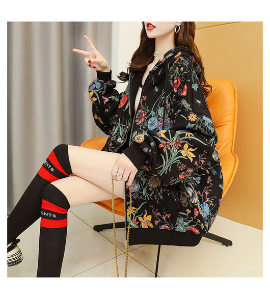 Sudadera Hoodie Mujer Talla Grande Terciopelo Estampado Floral - Image 4