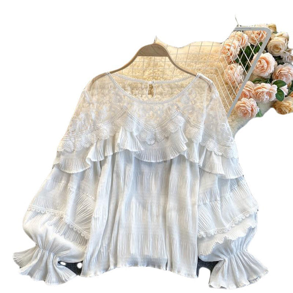Blusa Chifón con Volantes de Encaje y Mangas Abullonadas