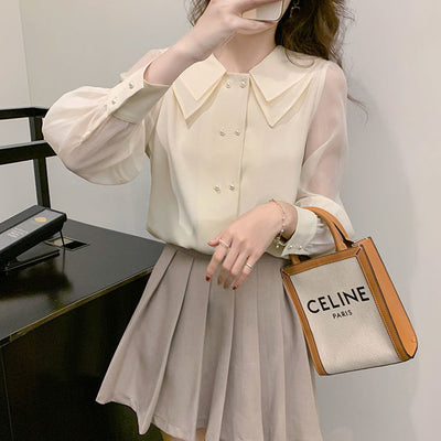 Blusa Larga de Gasa con Cuello Muñeca y Mangas Farol para Mujer - Image 9