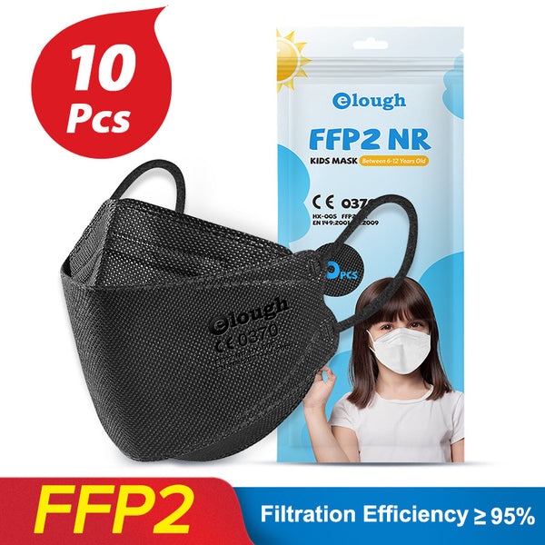 Black FFP2 kids mask with ear loops, shown next to its packaging for a 10-piece pack. - Image 11