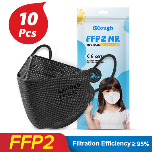 Black FFP2 kids mask with ear loops, shown next to its packaging for a 10-piece pack. - Image 11