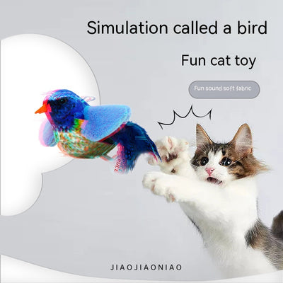 Red plush bird cat toy on a long steel wire stick with an elastic rope, designed for interactive pet play.