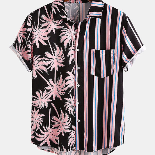 Camisa Casual de Hombre Estampado Coco con Rayas - Manga Corta Perfecta para Vacaciones