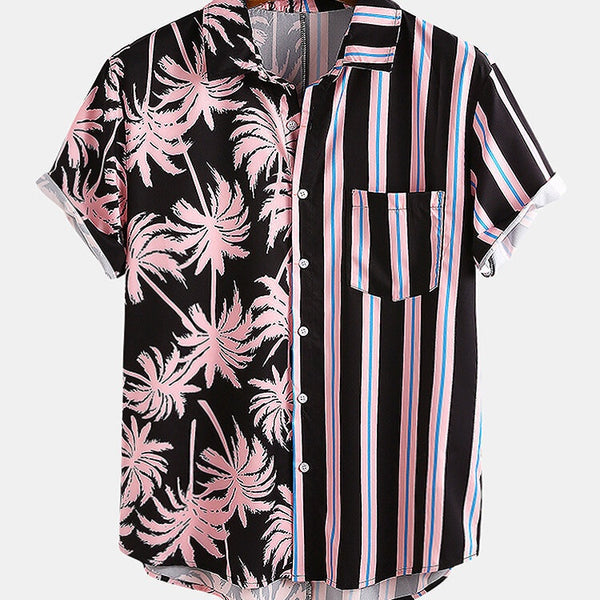 Camisa Casual de Hombre Estampado Coco con Rayas - Manga Corta Perfecta para Vacaciones