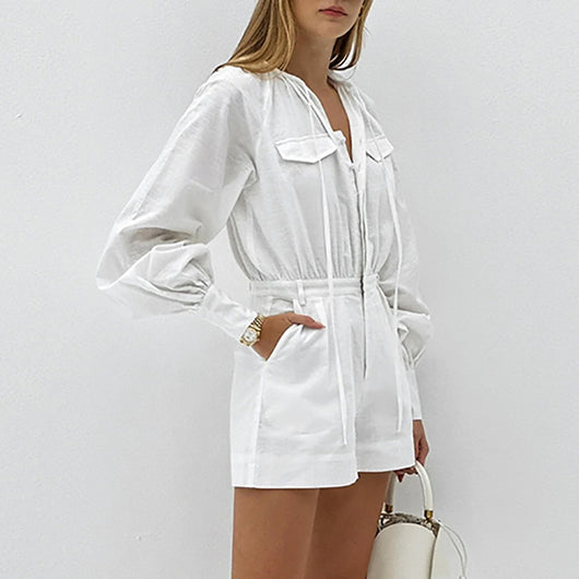 Jumpsuit Holgado de Algodón Slub Blanco para Mujer - Image 2