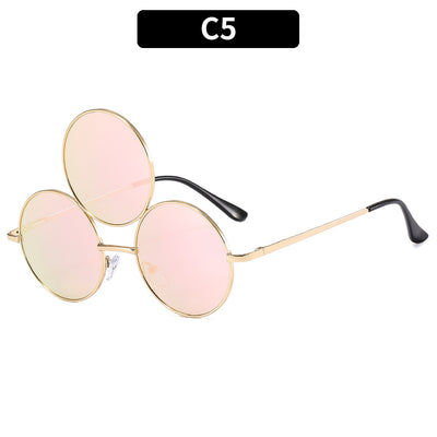 Red lens round sunglasses with a gold metal frame and an extra small round lens above the left eye. - Image 10