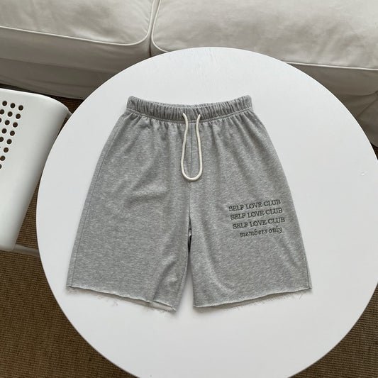 Shorts Holgados de Lino Vintage Gris Verdoso con Bordado de Letras