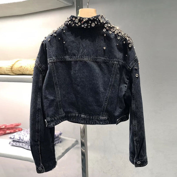Chaqueta Denim Suelta con Cuentas y Diamantes de Manga Larga