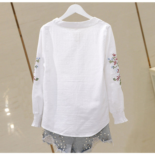 Blusa de Algodón con Escote V y Bordado Plisado Manga Larga - Image 22