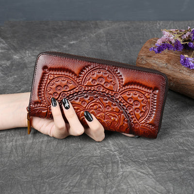 Cartera Larga de Cuero Grabado para Mujer