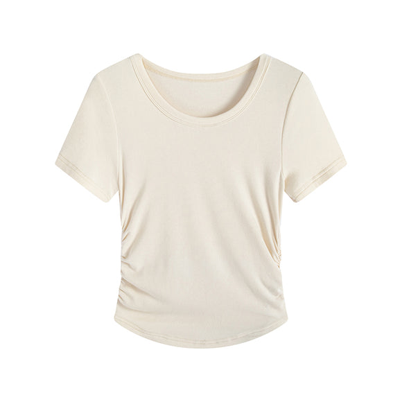 Blusa Plisada Talla Grande con Cintura Ajustable y Manga Corta