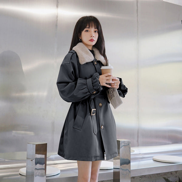 Abrigo de Invierno Khaki para Mujer con Cintura Moldeadora y Forro Grueso de Terciopelo