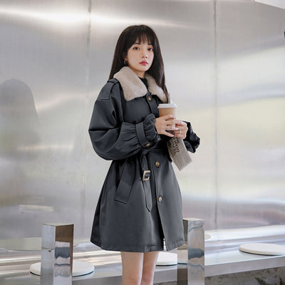 Abrigo de Invierno Khaki para Mujer con Cintura Moldeadora y Forro Grueso de Terciopelo