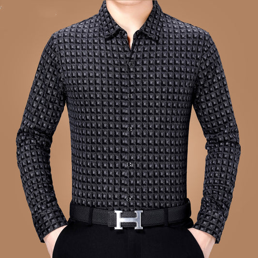 Camisa Casual de Negocios a Cuadros Manga Larga para Hombre Maduro