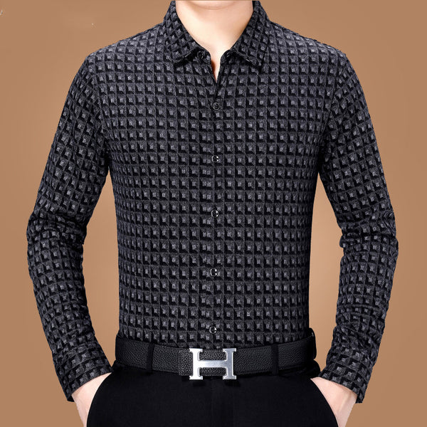 Camisa Casual de Negocios a Cuadros Manga Larga para Hombre Maduro
