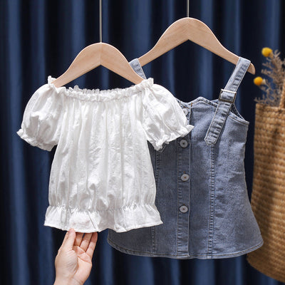 Conjunto Infantil de Verano: Falda Denim con Tirantes y Blusa Manga Corta